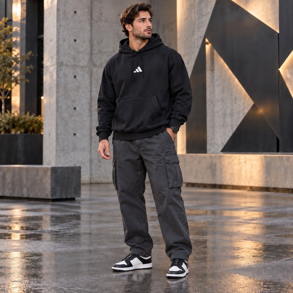 Adidas Men's MT Medium Tall Black 3 Bar Logo Pullover Fleece Hoodie